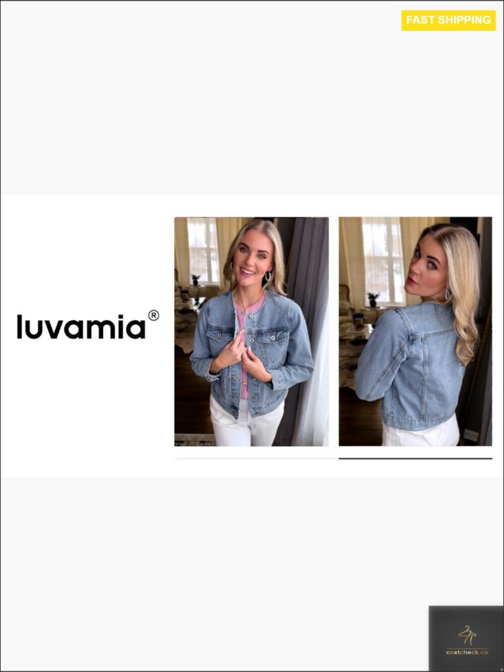 Collarless Denim Jacket Crew Neck Button Front Casual Western Style - Picture 7 of 7